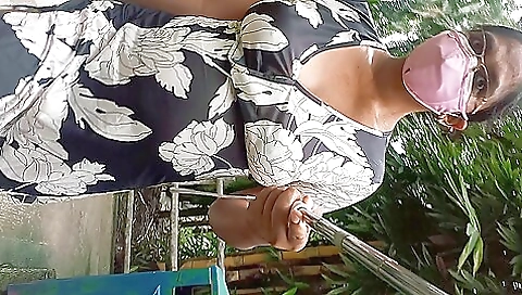 Busty brunette with big tits and ass walking in the park