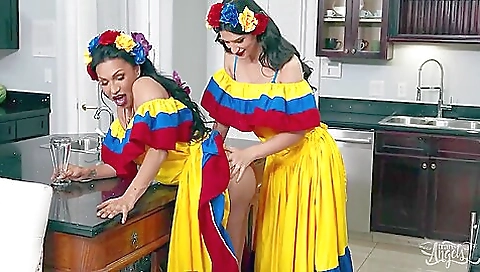 Brunette and petite latina in interracial anal sex