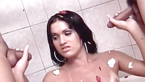 Latina teen with hairy pussy gets fucked by two dudes