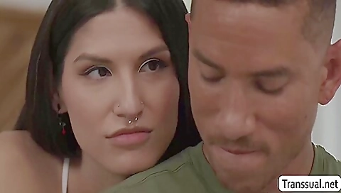 Busty brunette teen sucking on a large cock and deepthroat