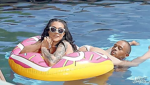 Blonde with big tits and tattoo face enjoys a wild outdoor party