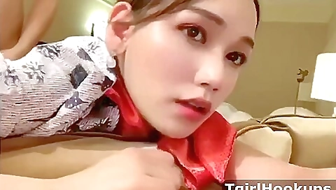 Asian brunette maid in stockings is getting fucked in ass