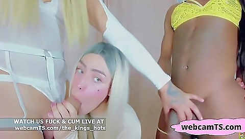 Ebony shemale 18+ threesome with a brunette and a blonde