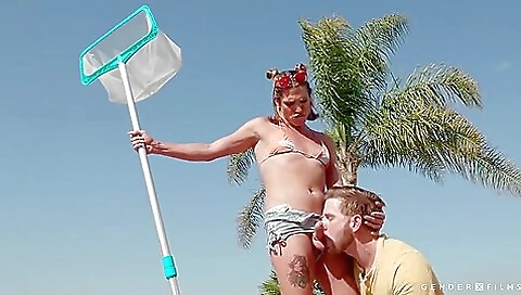 Busty blonde gets fucked in the pool in the public